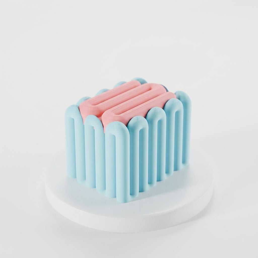 Pastel blue wibble storage box on stacked travertine with monstera leaves and glass vase lifestyle