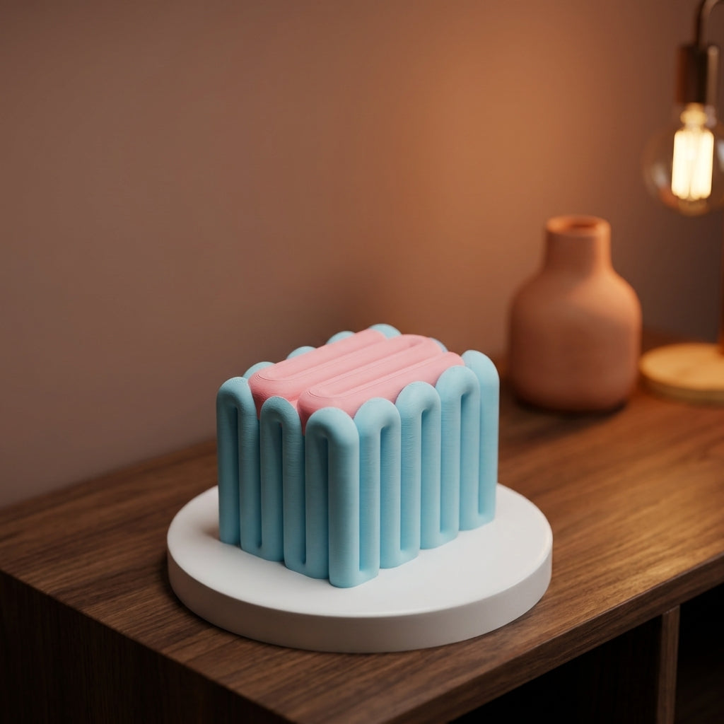 Pastel blue wibble storage box overhead on kraft paper with marble fragments copper tray and eucalyptus