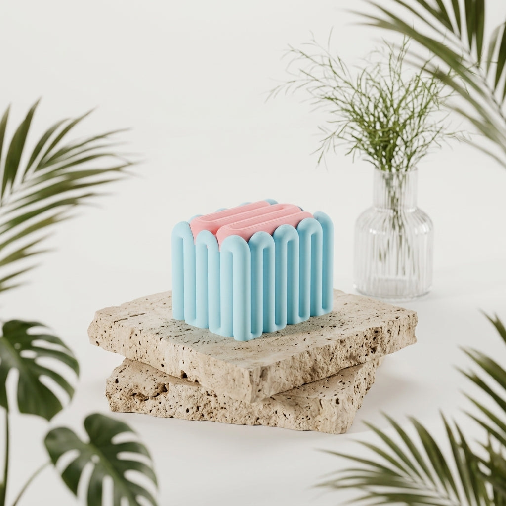 Pastel blue wibble storage box on stacked terracotta tiles with olive branch dappled sunlight Mediterranean lifestyle