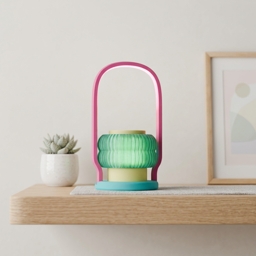 Modern Wireless Lantern Lamp green pink teal render front view pastel background