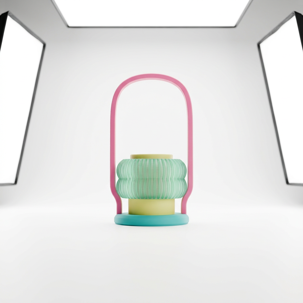 Modern Wireless Lantern Lamp green pink teal render three quarter view pastel background
