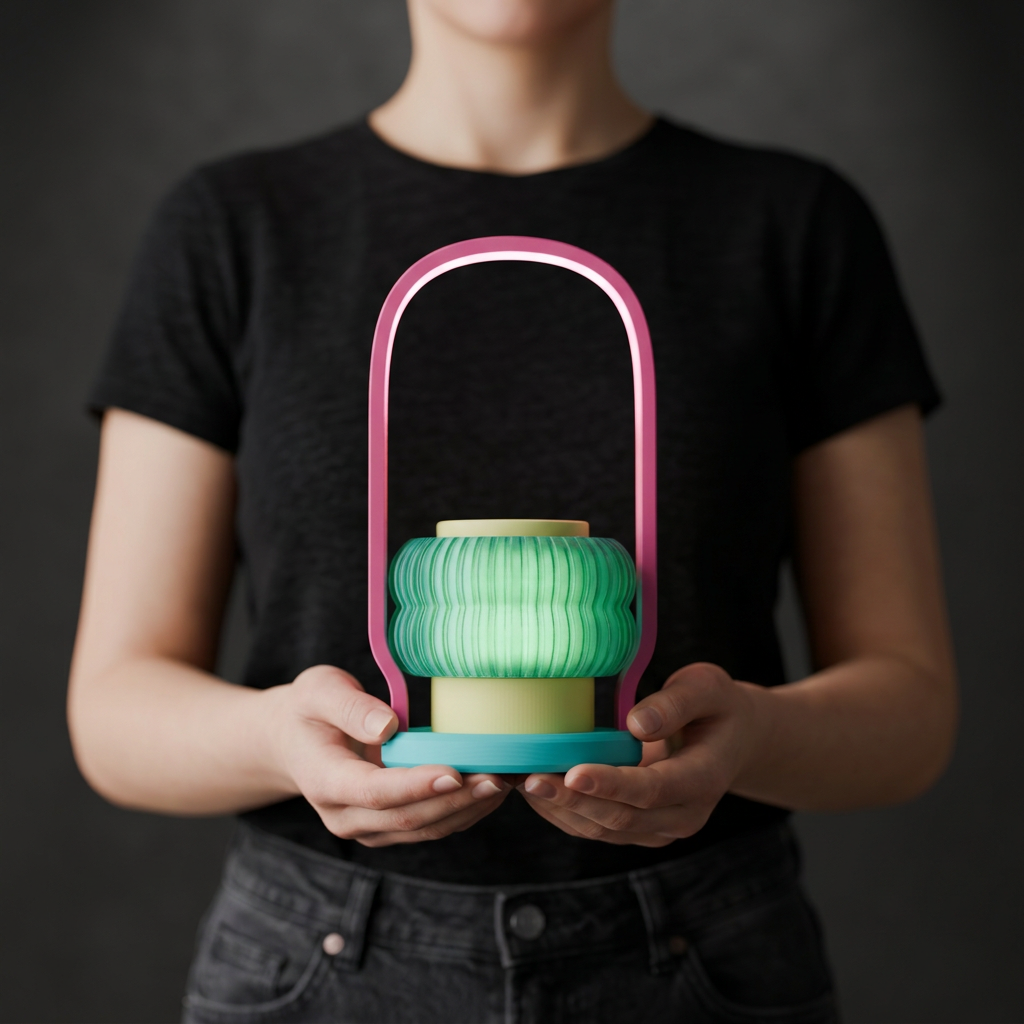 Modern Wireless Lantern Lamp green pink teal render side view pastel background