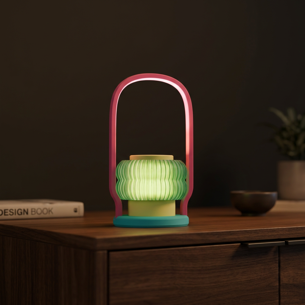 Modern Wireless Lantern Lamp green pink teal render angled view pastel background