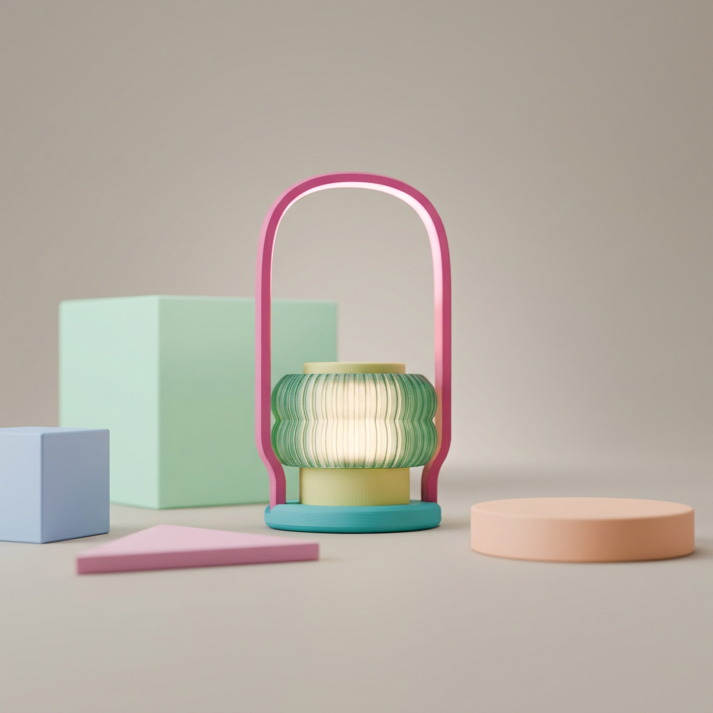 Modern Wireless Lantern Lamp green pink teal render on travertine plinth with botanicals editorial
