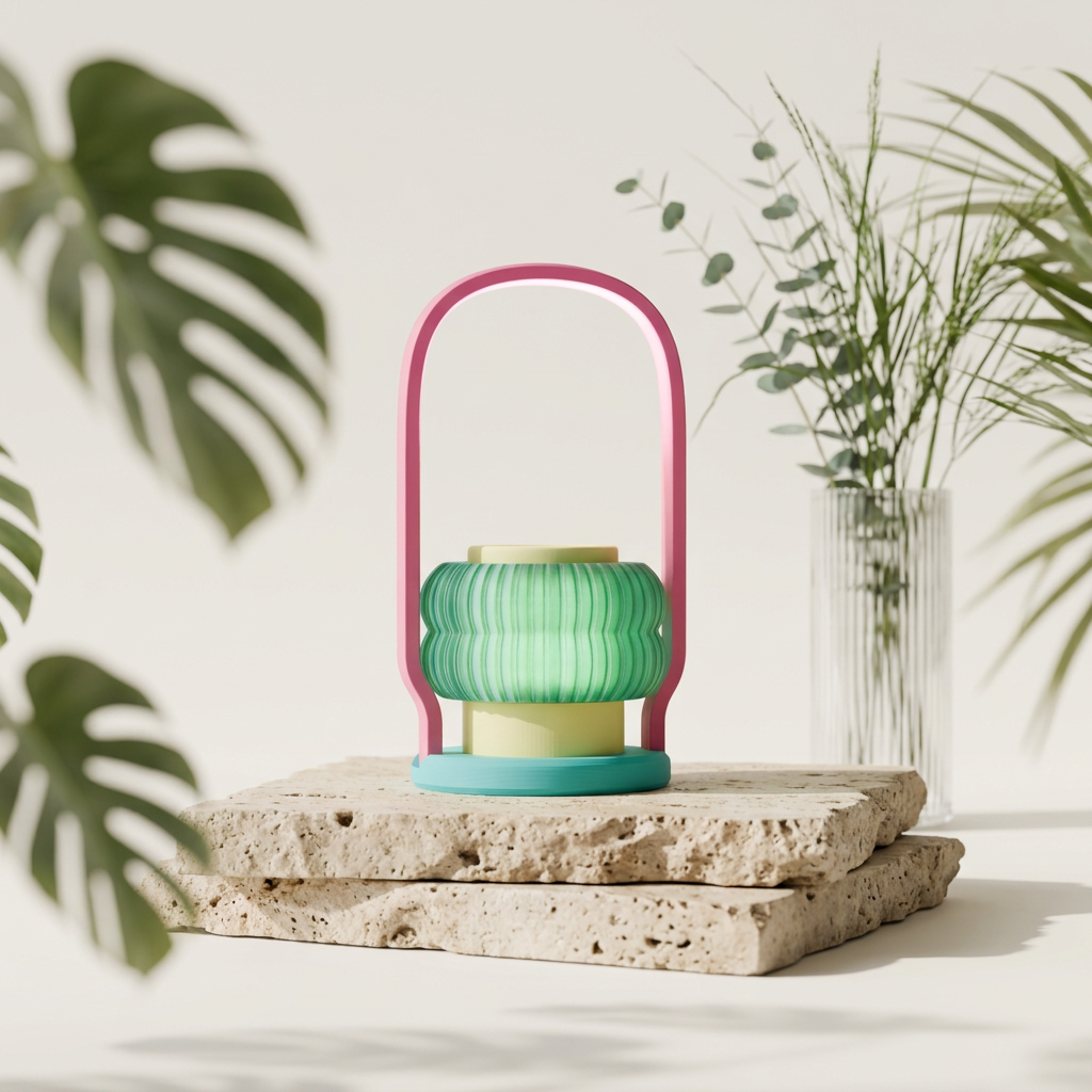 Modern Wireless Lantern Lamp green pink teal flatlay on kraft paper with eucalyptus and white ceramic fragments