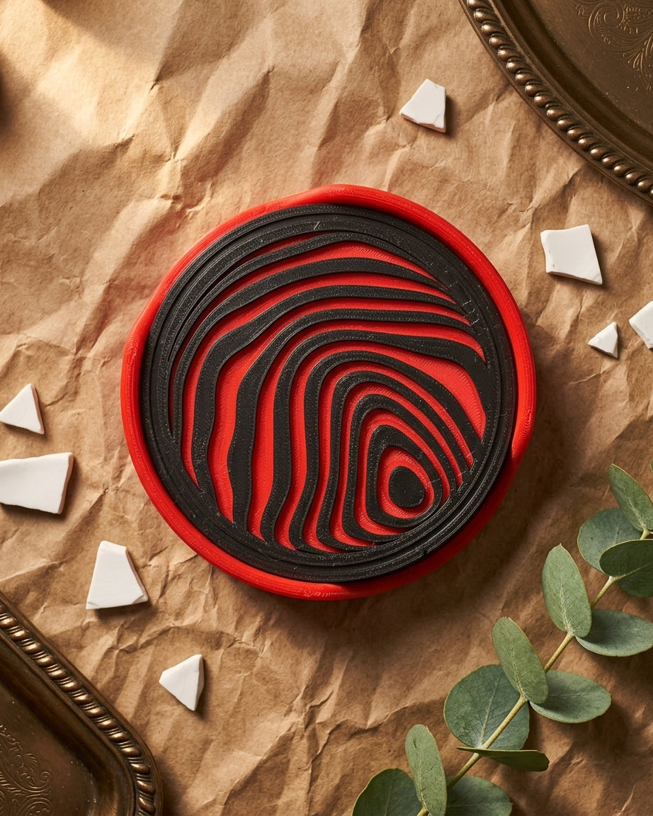 Red and black coaster set held in hands