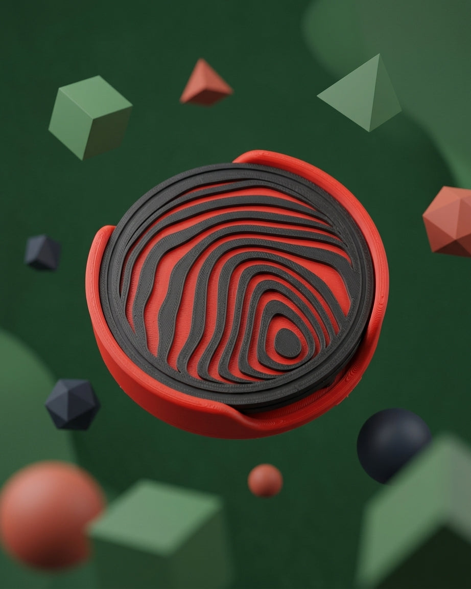 Graphic abstract sphere coaster on green backdrop