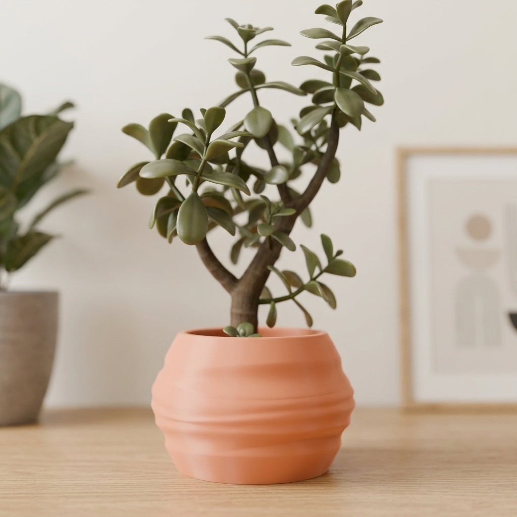 Organic Wave Planter terracotta orange on warm walnut desk moody ambient lifestyle