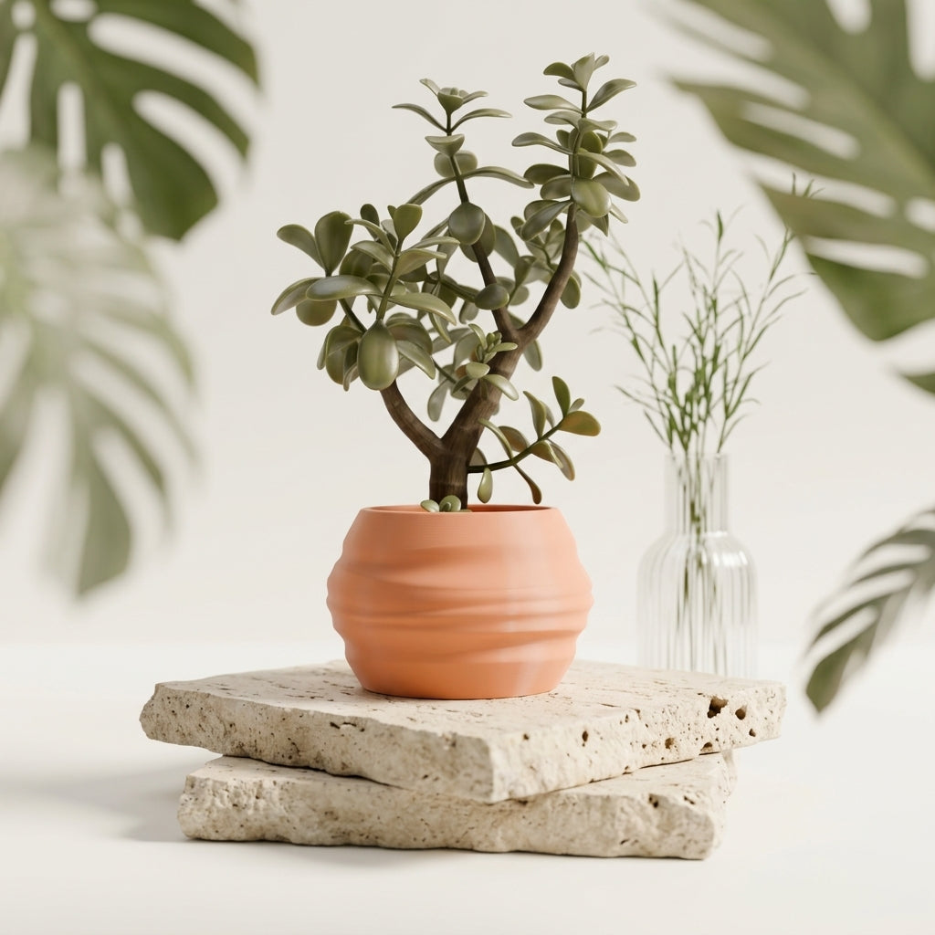 Organic Wave Planter terracotta on driftwood tray with pampas grass soft natural lifestyle