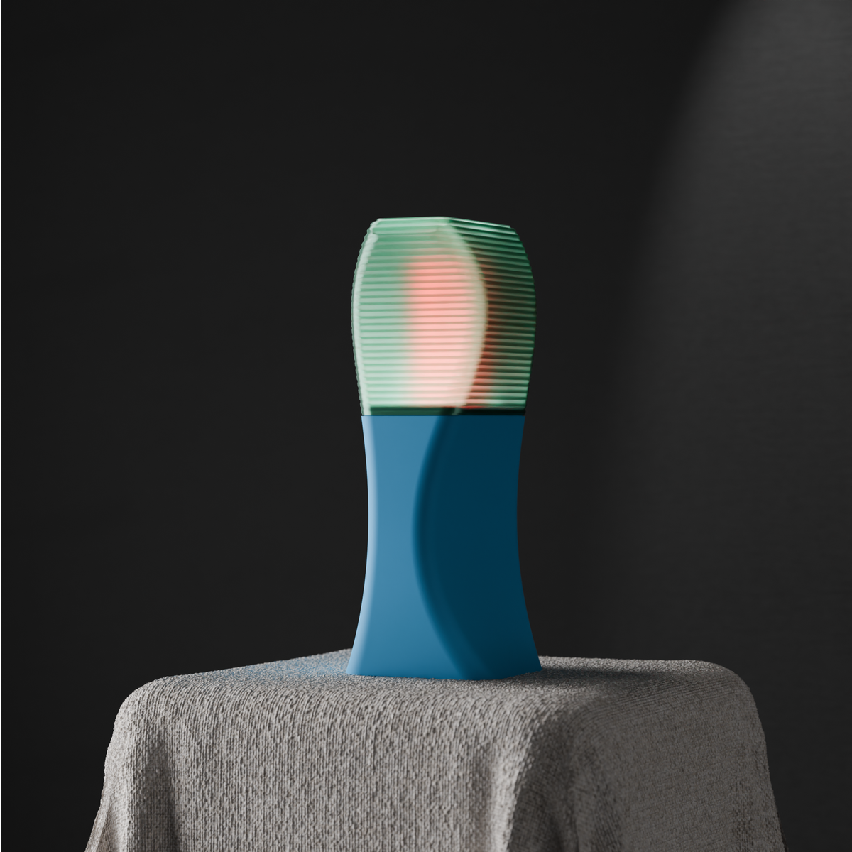 Elegant Sweeping Curve Lamp green glowing shade on dark surface green ambient backdrop front view