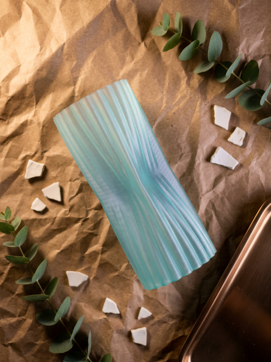 Elegant Crimped Middle Vase mint green held hands black top dark background warm lifestyle