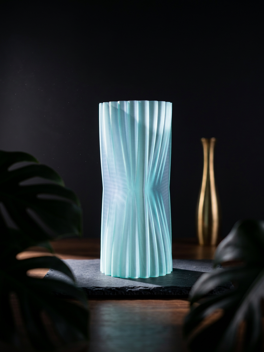 Elegant Crimped Middle Vase mint green angled tilt dynamic floating editorial CGI