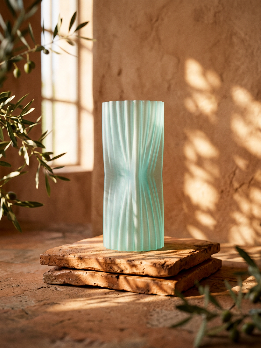 Elegant Crimped Middle Vase mint green close up texture detail twisting vertical lines natural light