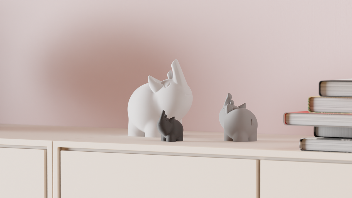 Cute Rhino Figures arranged on a modern white shelf