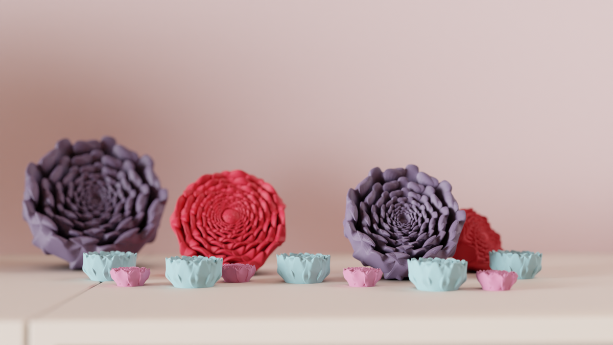 Spiral flower decorations arranged in a pattern viewed from above