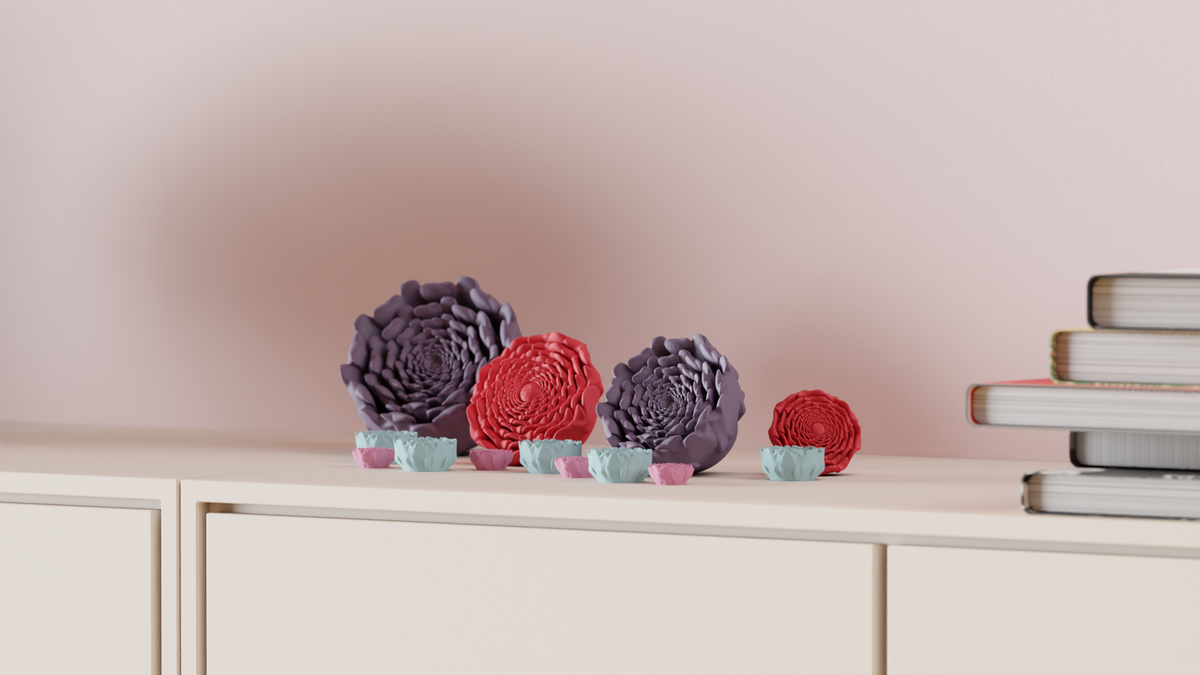 Spiral flower decorations arranged on a cabinet