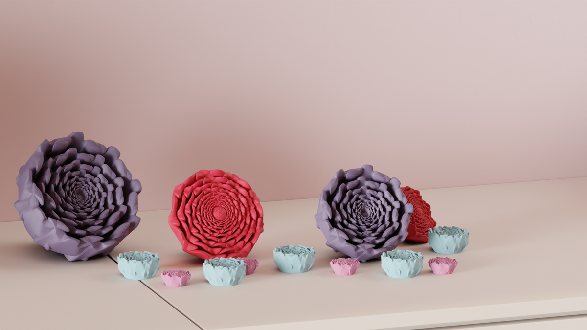 Spiral flower decorations arranged as a wall display