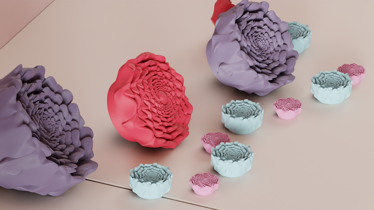 Spiral flower decorations arranged as a table display