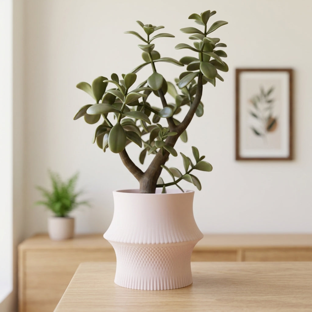 Sculpted Geometric Desk Planter blush pink with jade tree fallen on kraft paper with ceramic shards and eucalyptus overhead flat lay