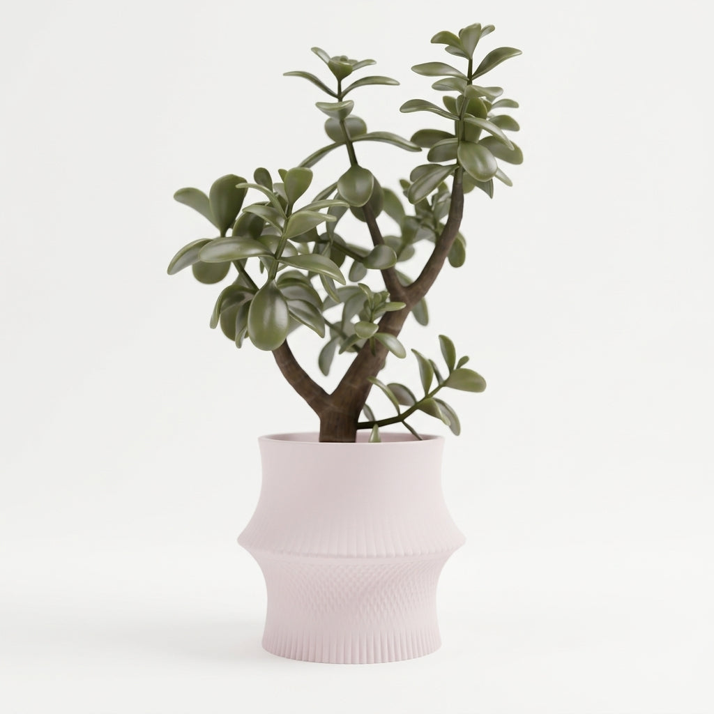 Sculpted Geometric Desk Planter blush pink with jade tree on dark slate with gold vase and monstera moody dark luxury lifestyle