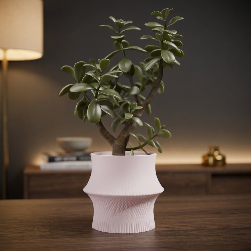 Sculpted Geometric Desk Planter blush pink with jade tree on dark background clean minimal product shot
