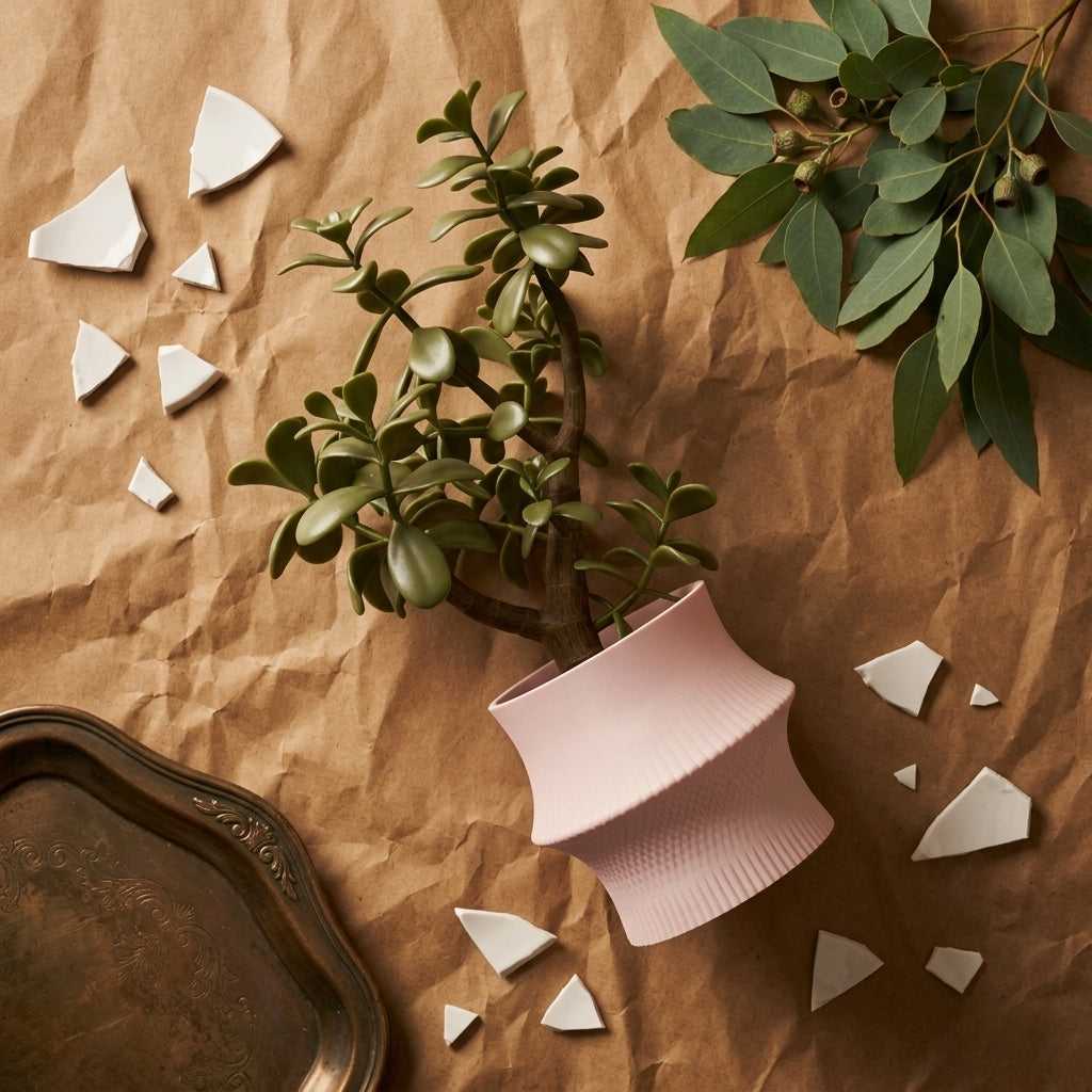 Sculpted Geometric Desk Planter blush pink with jade tree on dark surface front view clean product shot