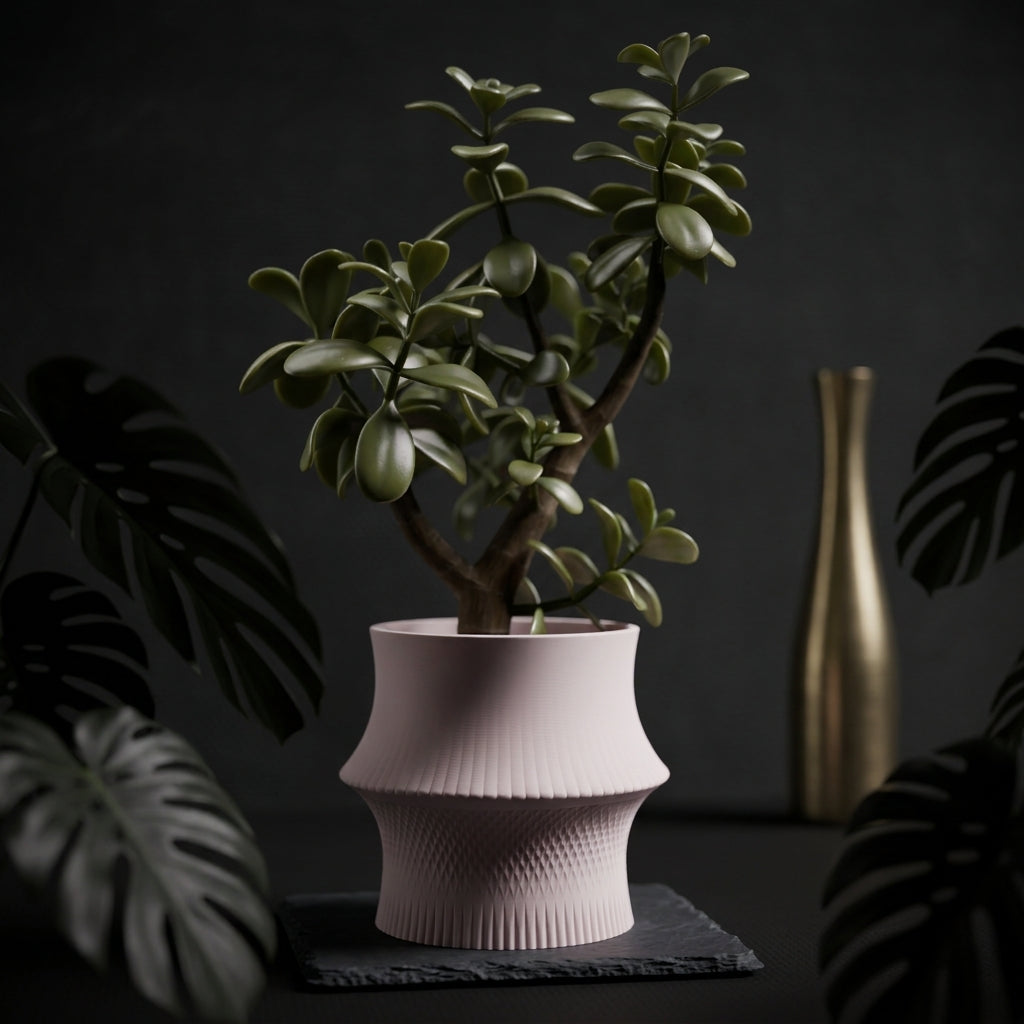 Sculpted Geometric Desk Planter blush pink with jade tree on dark surface three quarter view product shot