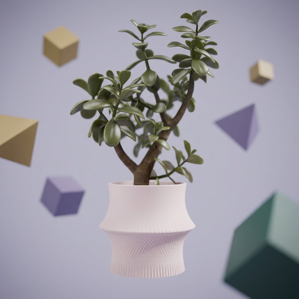 Sculpted Geometric Desk Planter blush pink with jade tree on dark surface side view product shot