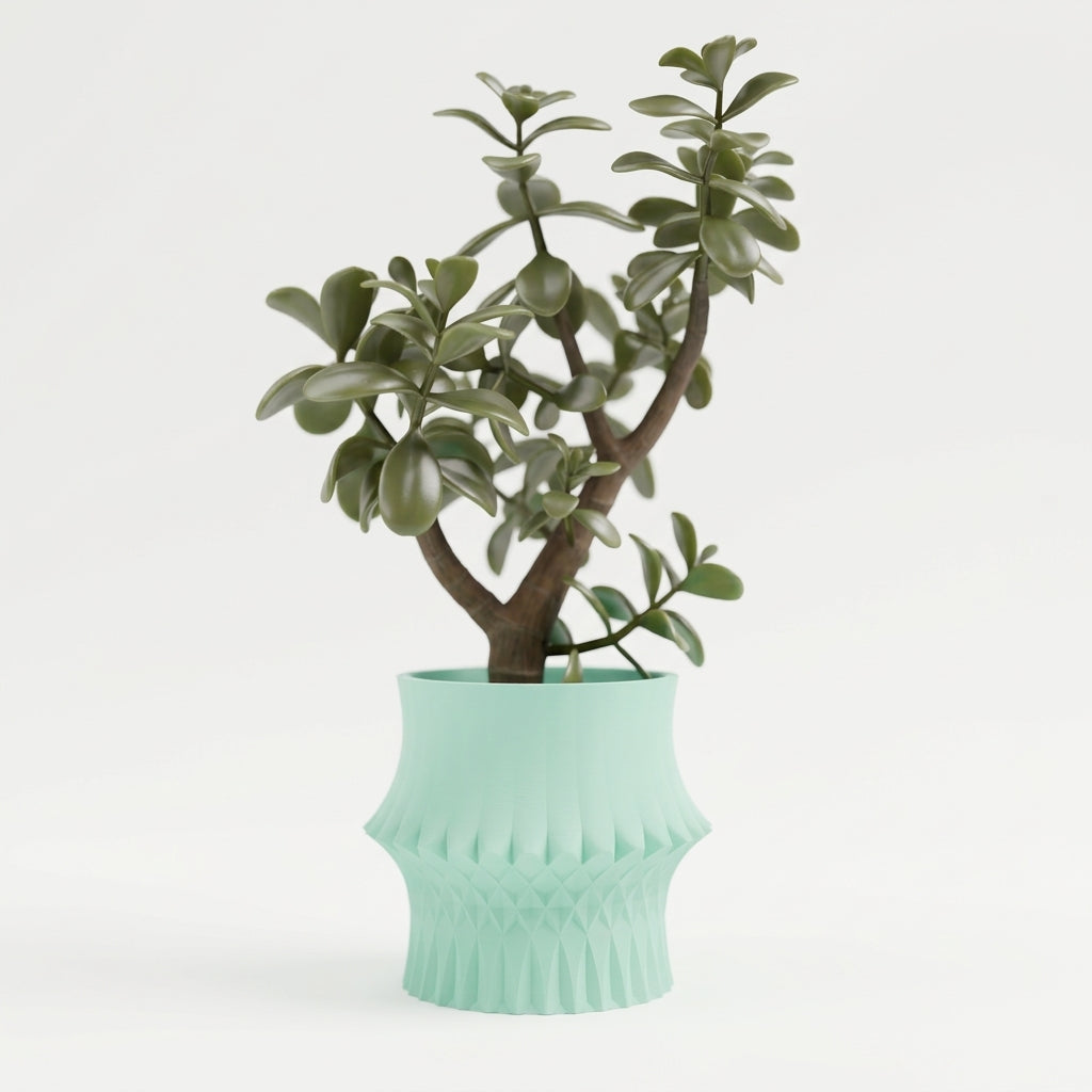 Sculpted Geometric Desk Planter mint green with jade tree on driftwood with pampas grass boho warm lifestyle