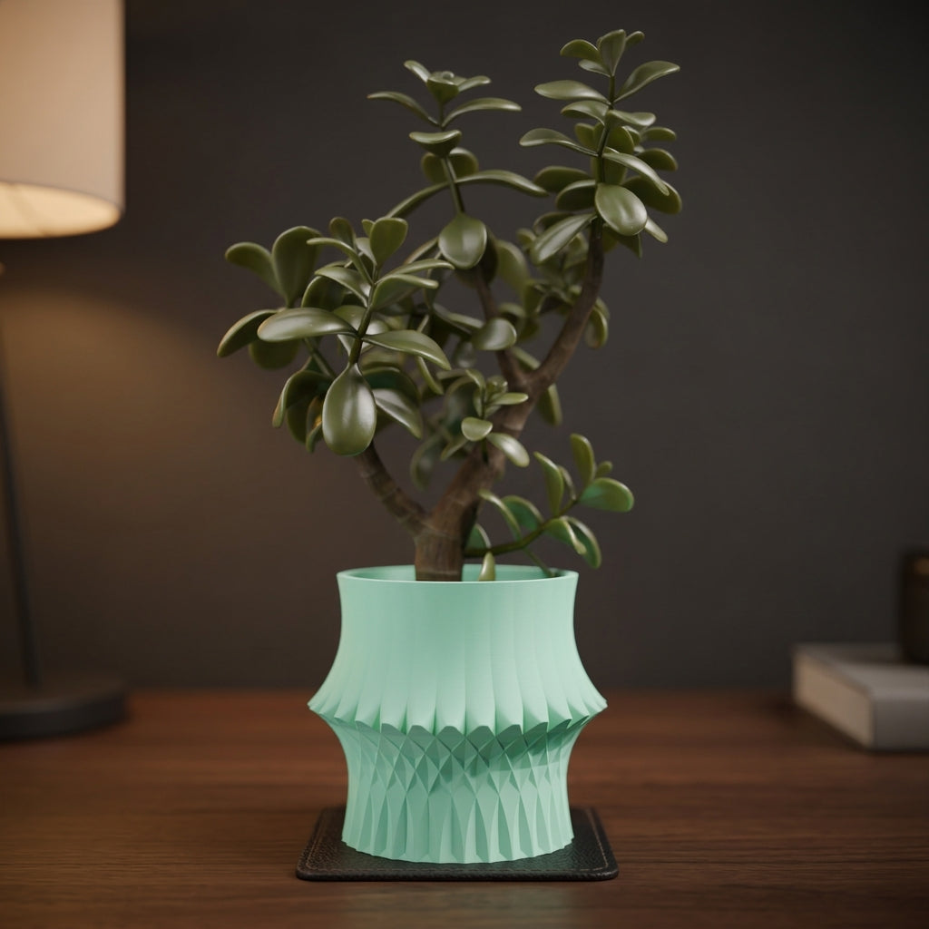 Sculpted Geometric Desk Planter mint green with jade tree on dark background moody dark dramatic lifestyle
