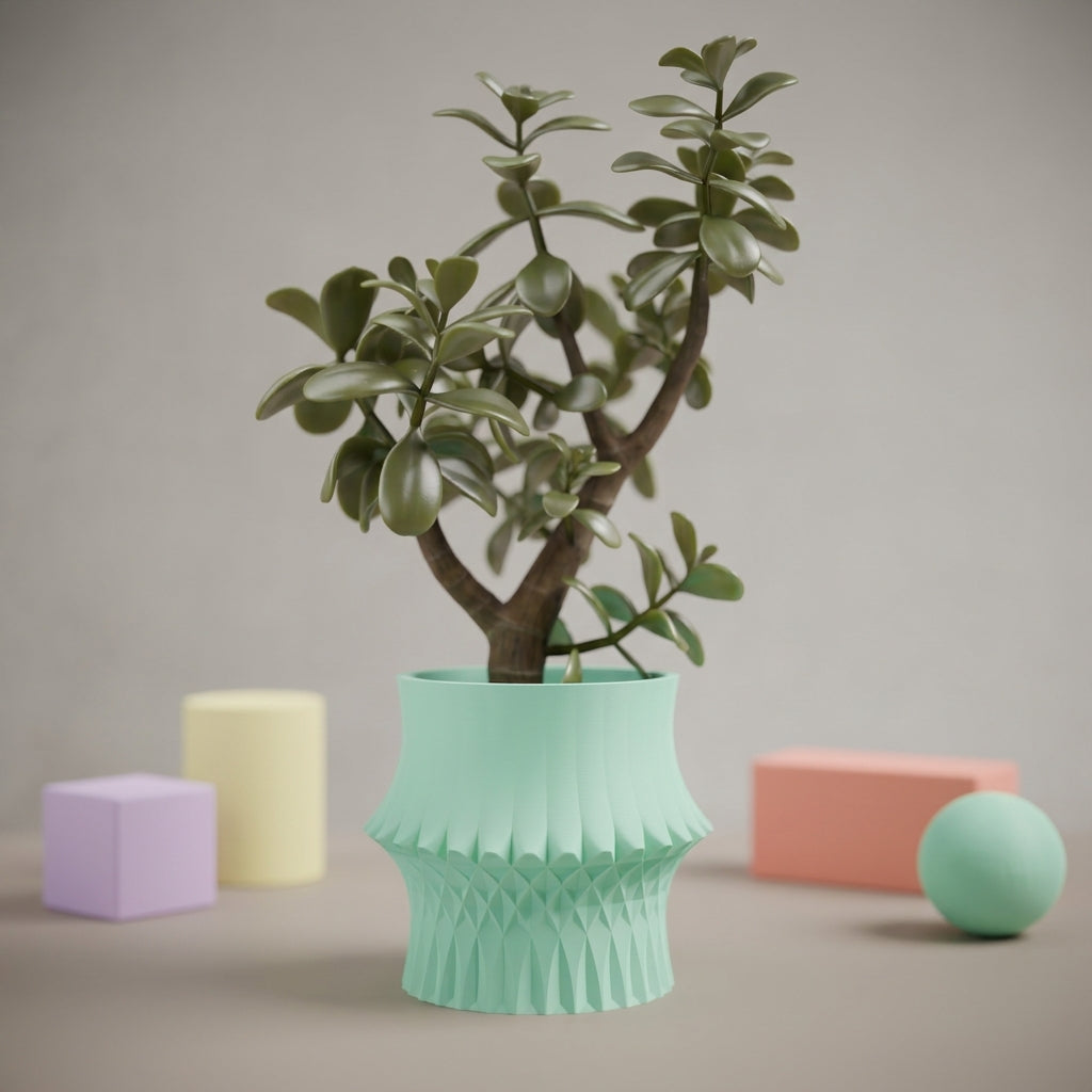 Sculpted Geometric Desk Planter mint green with jade tree wider view dark background moody lifestyle