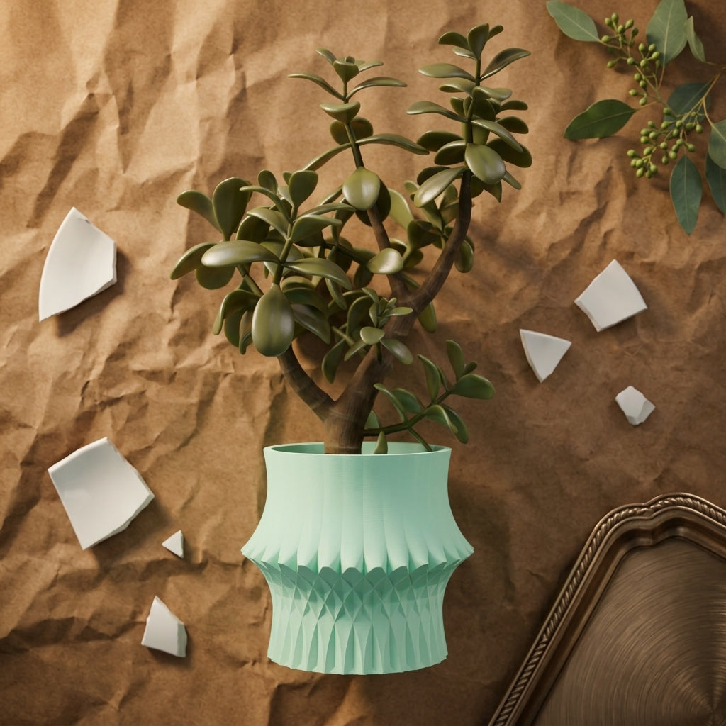 Sculpted Geometric Desk Planter mint green with jade tree on grey surface minimal bright contemporary lifestyle