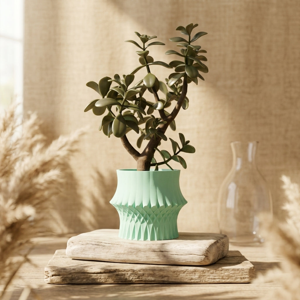 Sculpted Geometric Desk Planter mint green with jade tree wider view grey surface minimal lifestyle