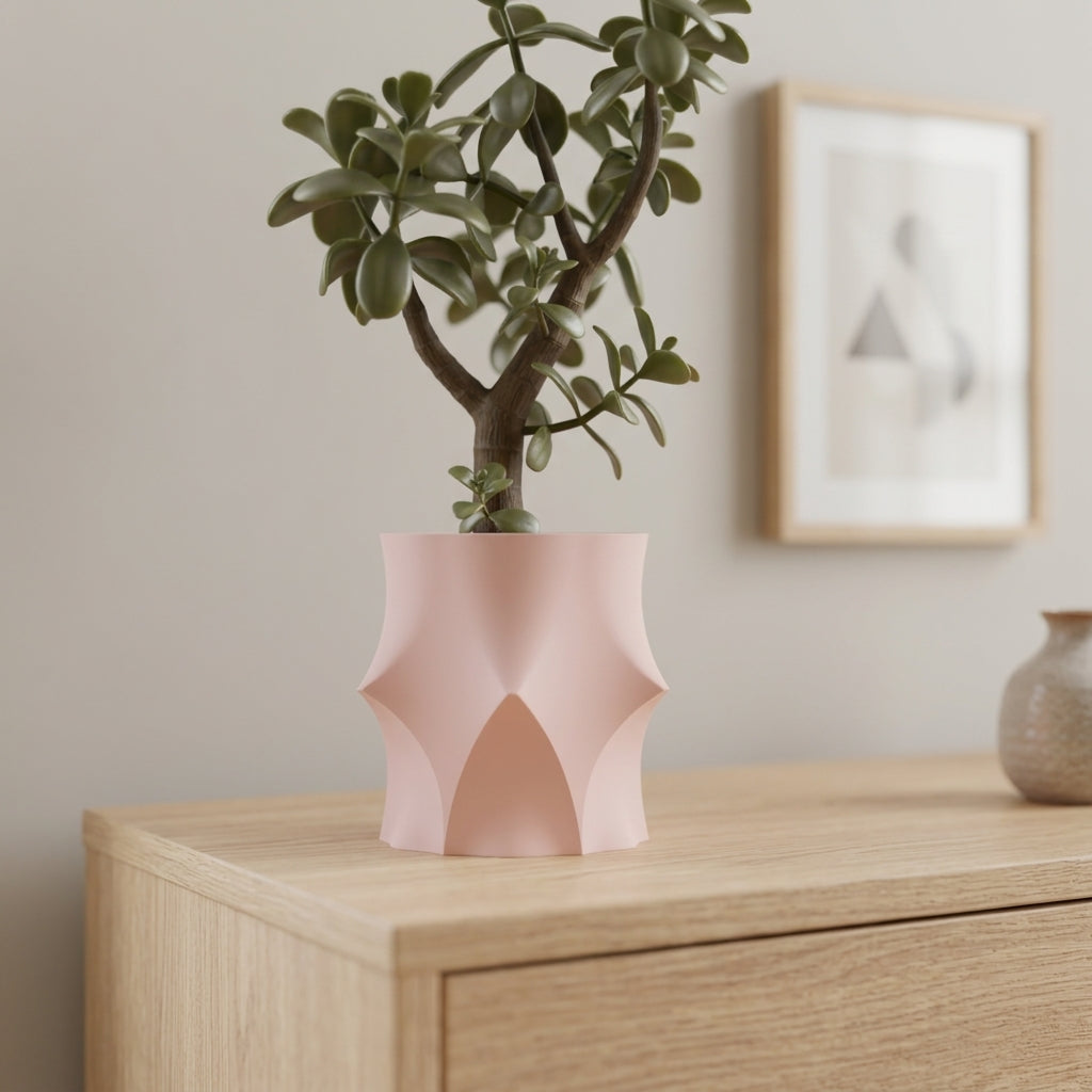 Modern Geometric Planter blush pink with jade plant and pastel geometric shapes on cream background editorial lifestyle