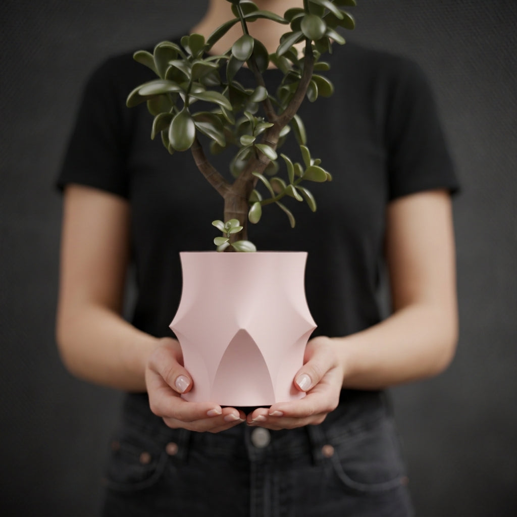 Modern Geometric Planter blush pink with jade plant on dark slate plinth with gold vase and monstera moody dark luxury lifestyle