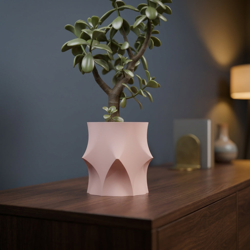 Modern Geometric Planter blush pink with jade plant on wooden slabs surrounded by olive branches golden hour lifestyle
