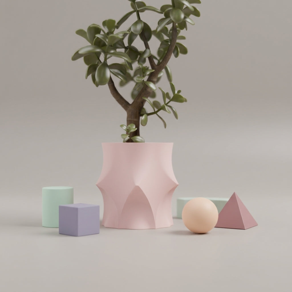 Modern Geometric Planter blush pink with jade plant on driftwood with pampas grass soft linen boho lifestyle