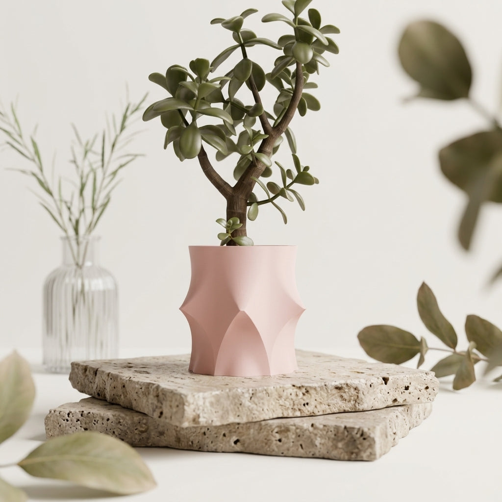 Modern Geometric Planter render front view showing concave sculpted sides and arched feet