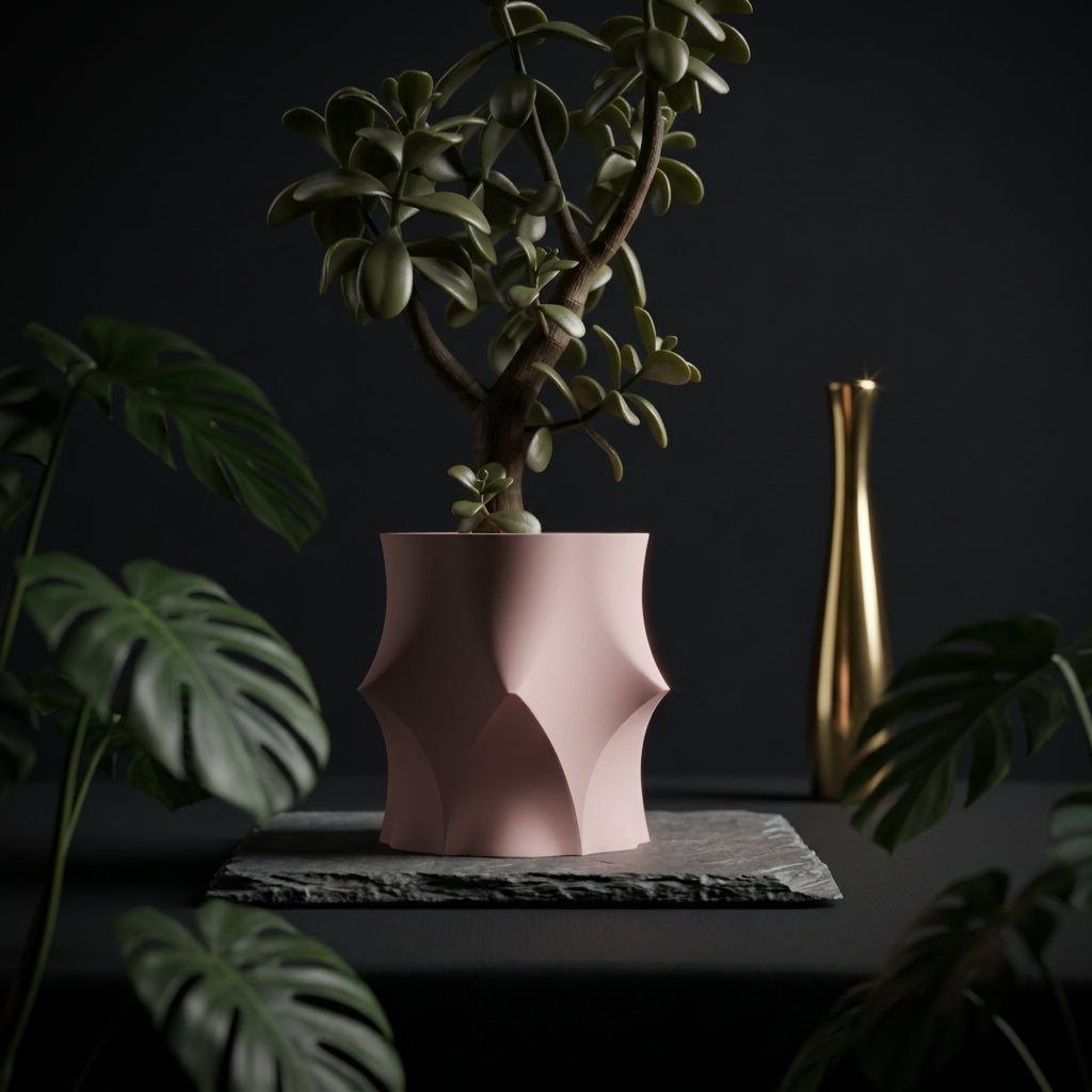 Modern Geometric Planter render three quarter view showing depth of concave curves