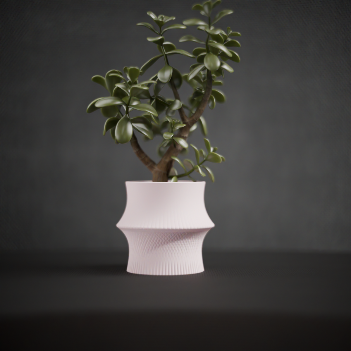 Sculpted Geometric Desk Planter render three quarter view showing ribbed lower half and smooth upper bowl