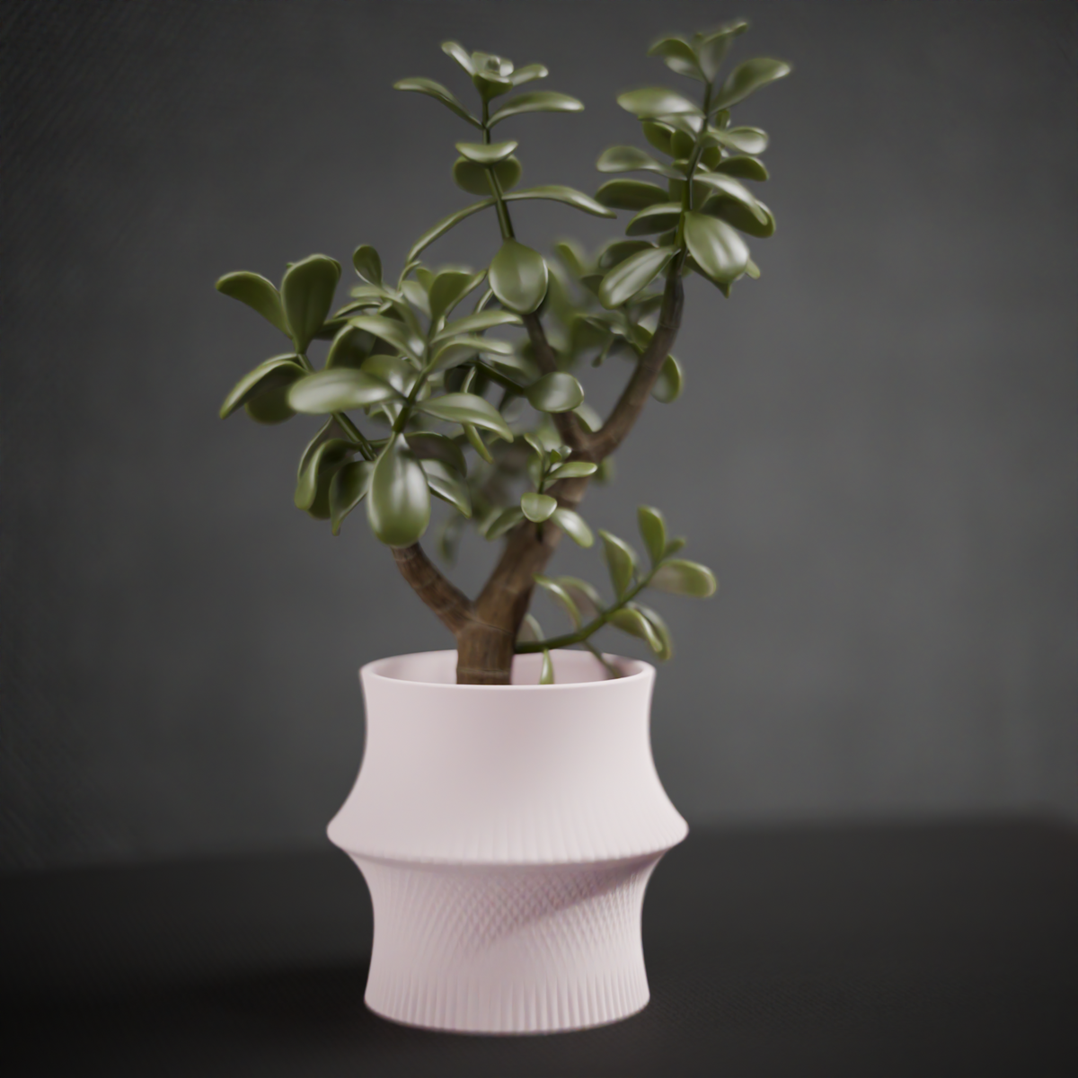 Sculpted Geometric Desk Planter render front view showing double-waisted hourglass silhouette and ribbed texture detail