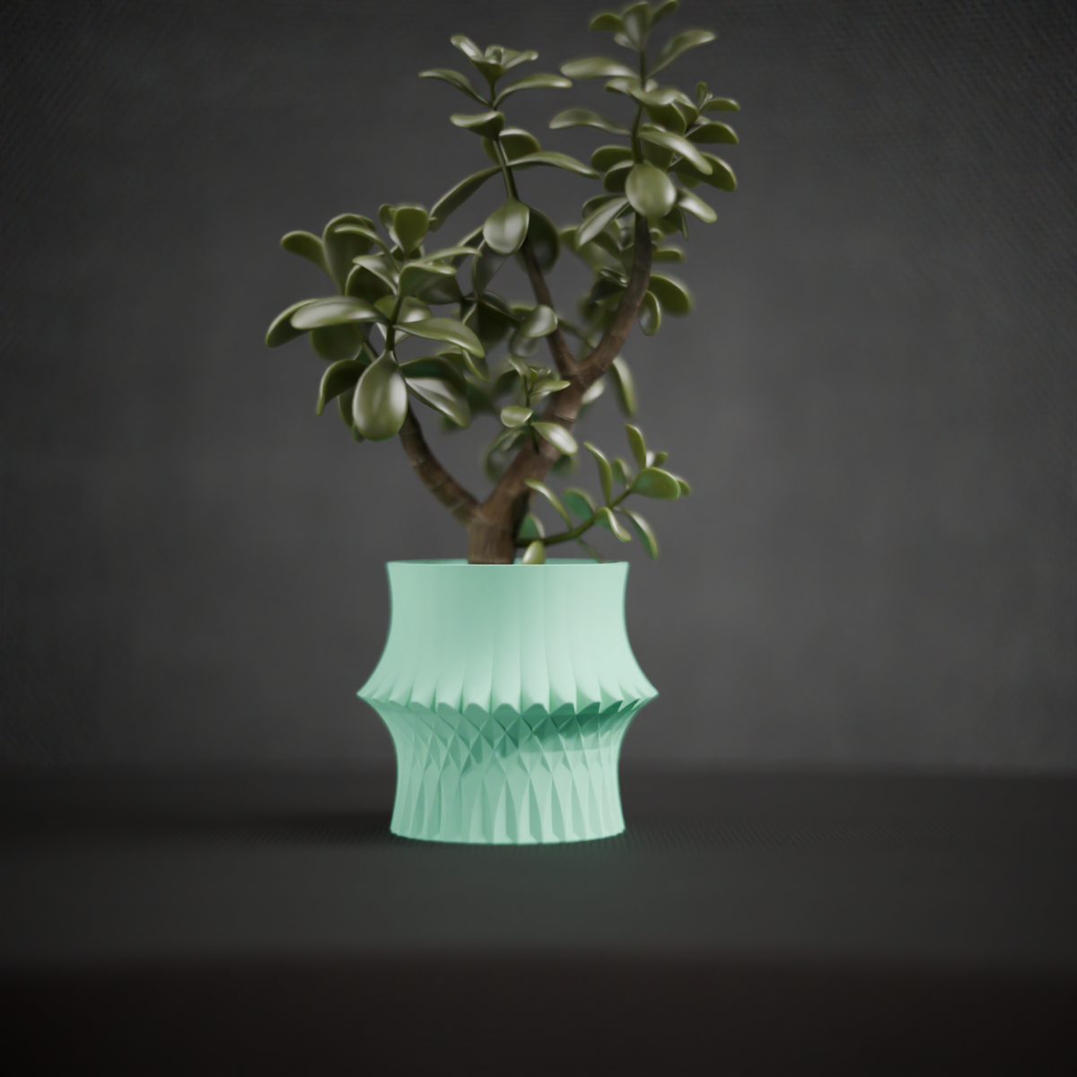 Sculpted Geometric Desk Planter render three quarter view showing diamond lattice texture and hourglass form