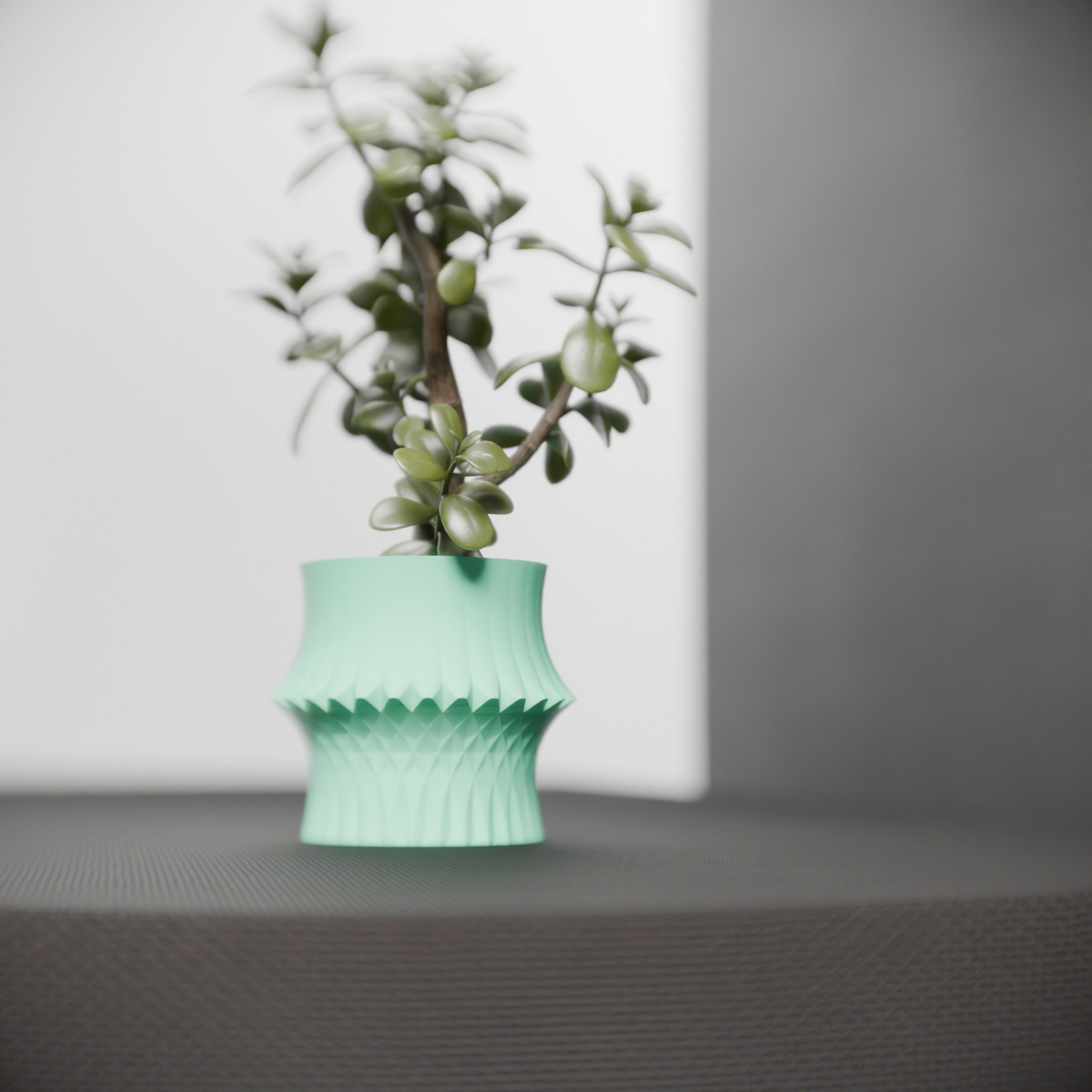 Sculpted Geometric Desk Planter render side profile showing hourglass silhouette and lattice surface
