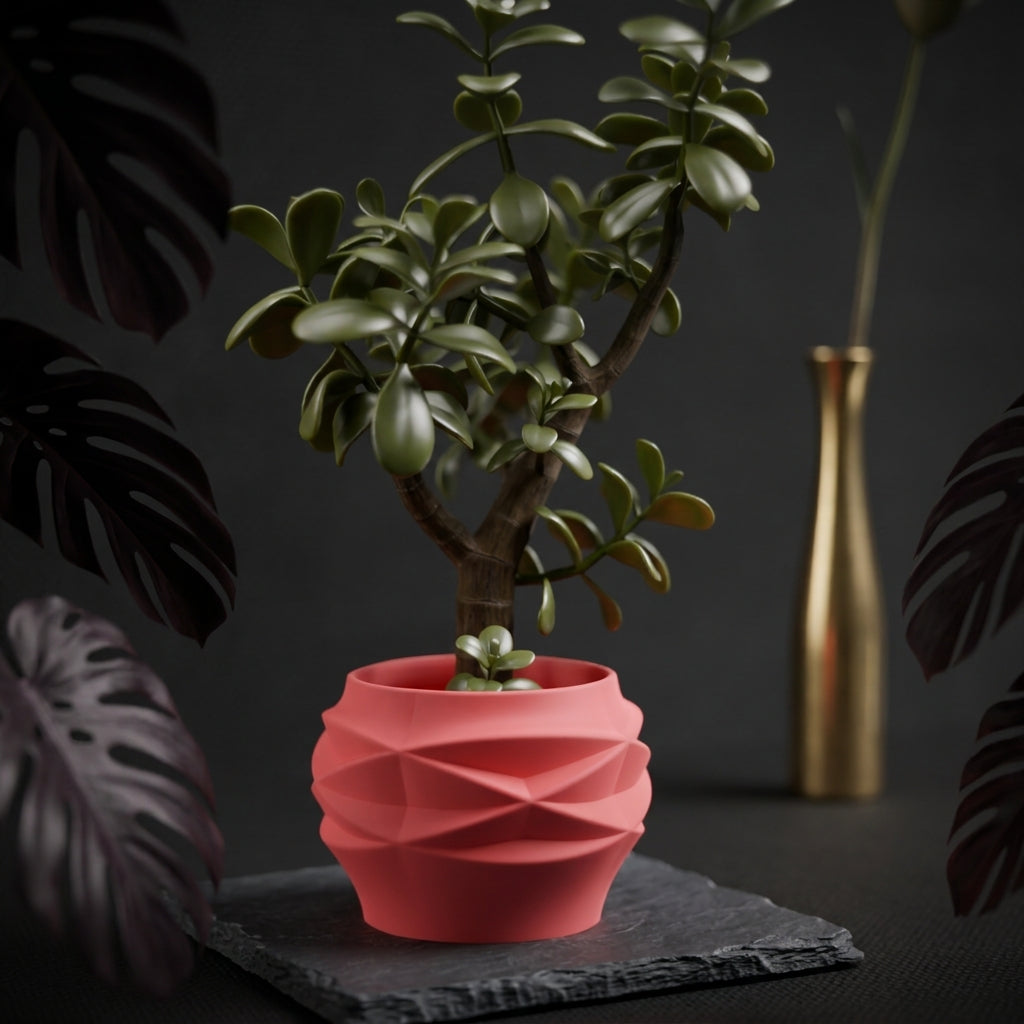 Diamond Faceted Two-Part Planter coral pink and mint pair with jade tree dark background lifestyle