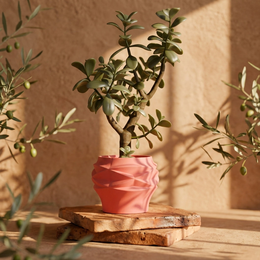 Diamond Faceted Two-Part Planter coral pink and mint pair with jade tree second angle dark background