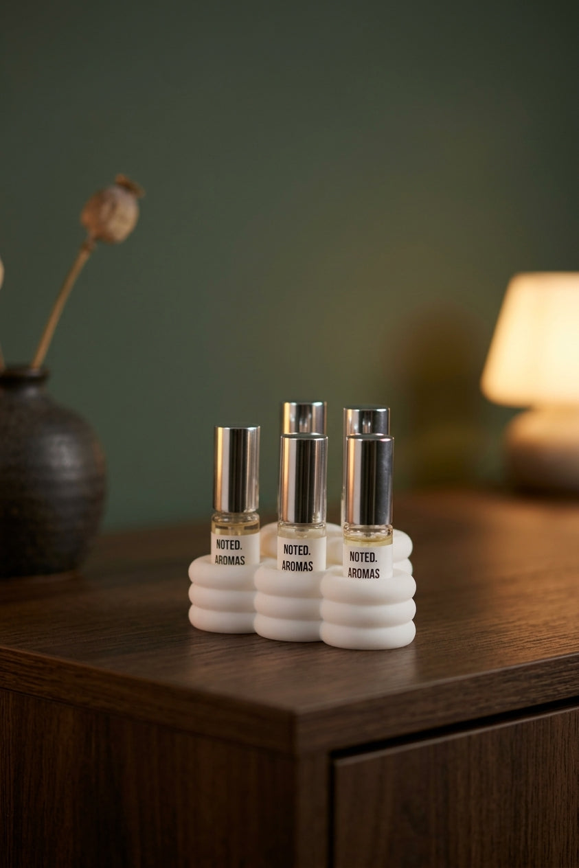Cloud Perfume Sample Stand white on driftwood board with pampas grass glass carafe boho lifestyle