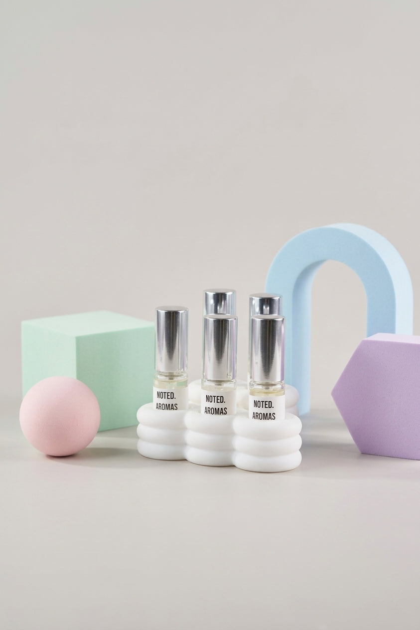 Cloud Perfume Sample Stand white on dark slate with gold vase monstera moody dark editorial