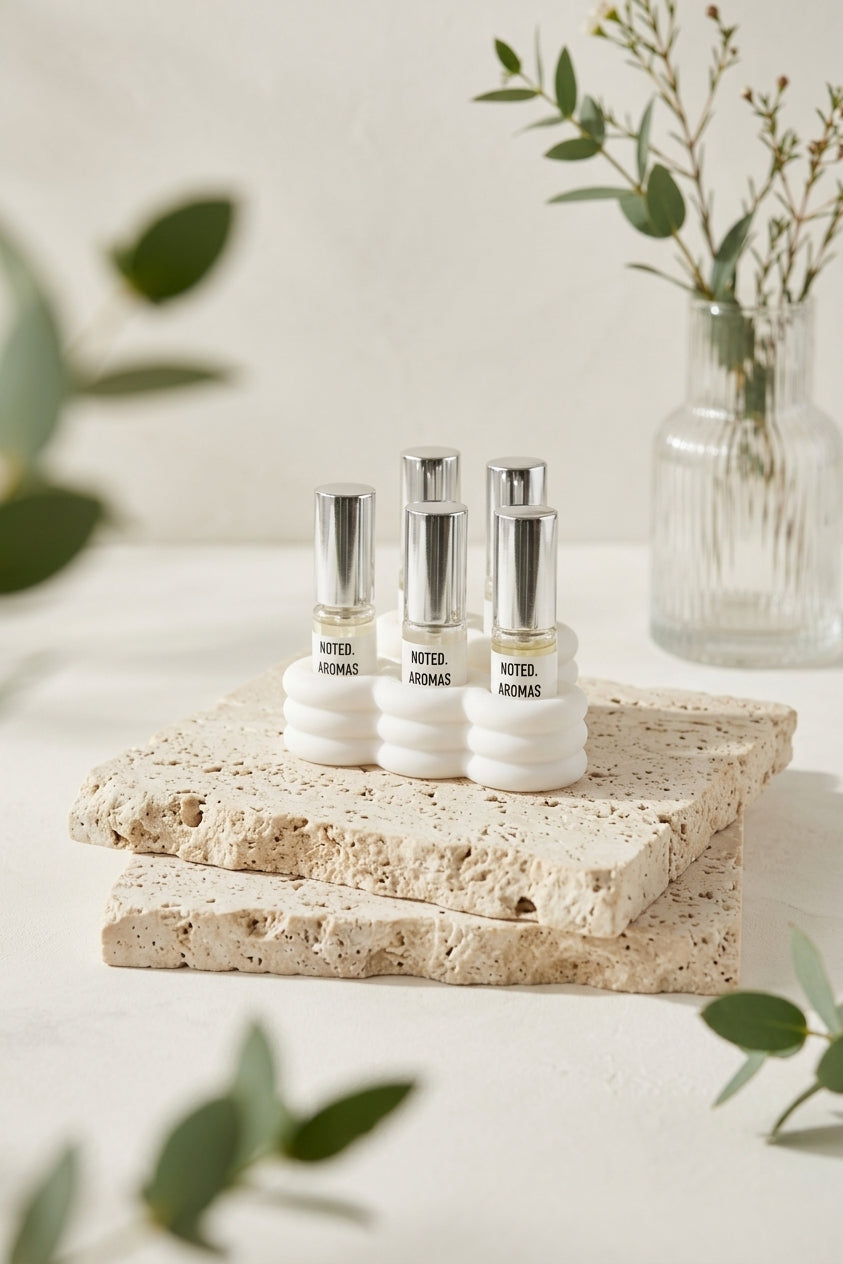 Cloud Perfume Sample Stand white on rustic stone slab olive branches warm Mediterranean sunlight