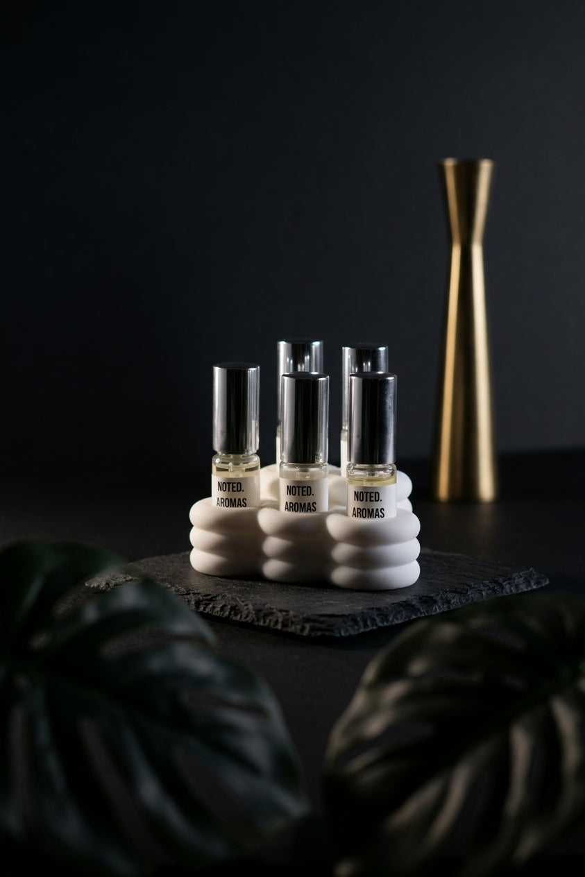 Cloud Perfume Sample Stand white on driftwood board linen background pampas grass glass carafe