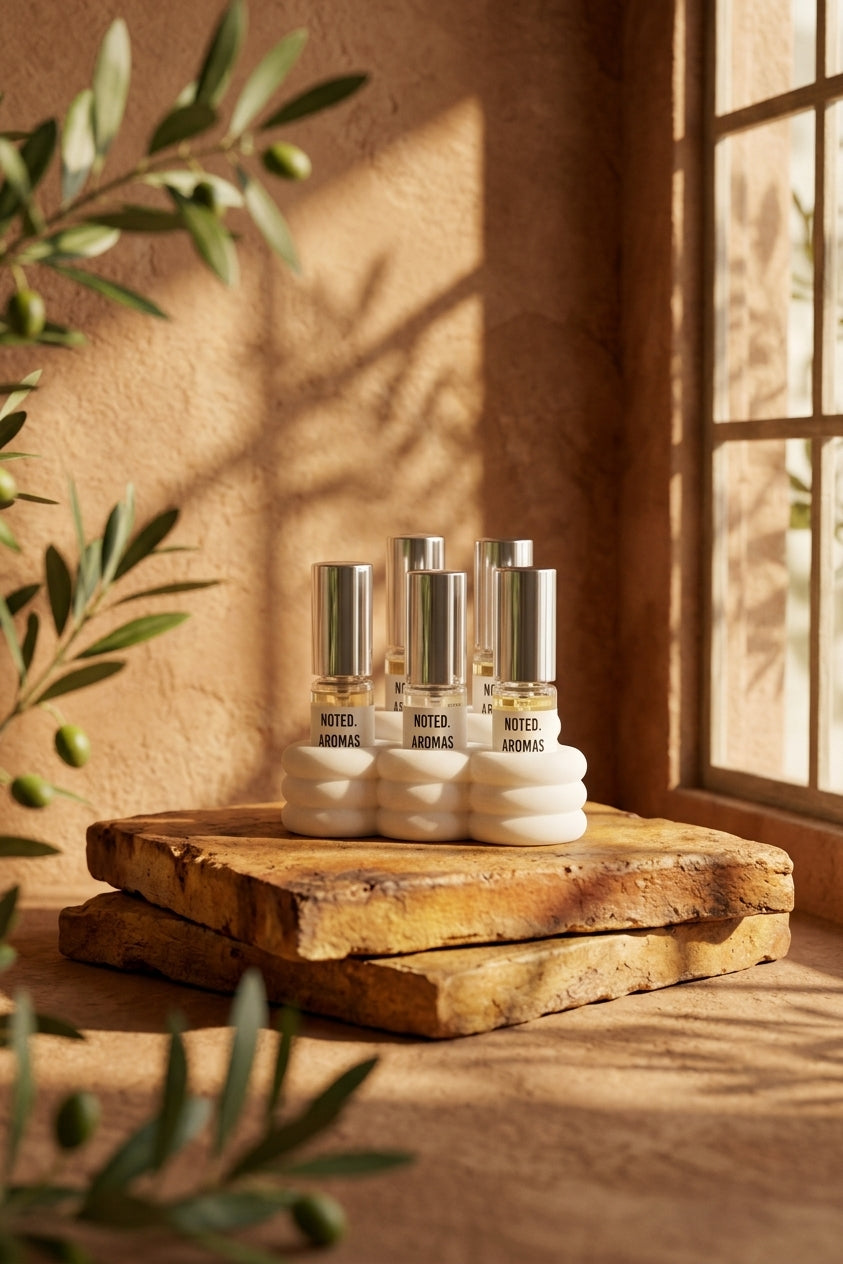 Cloud Perfume Sample Stand white on wooden surface warm candlelit evening amber bottles lifestyle